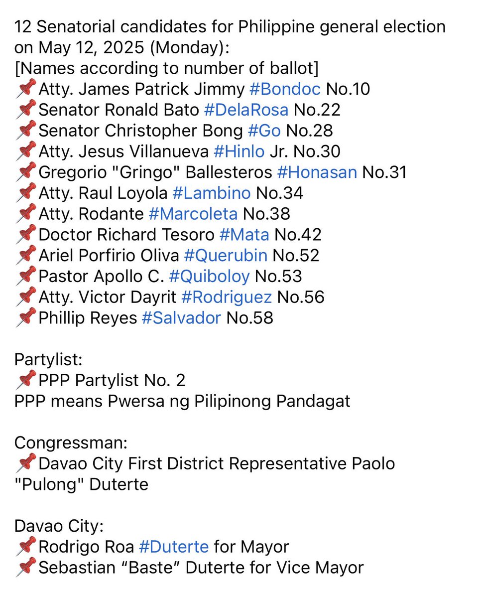 PHNews01's tweet photo. Former President #Duterte endorsed these candidates for the Philippine general election on May 12, 2025. Every vote counts. Voting gives you an opportunity to be part of decision-making that affects your life & the future of our country. Your vote is your voice.
#BringDuterteHome https://t.co/moz1ivavkL