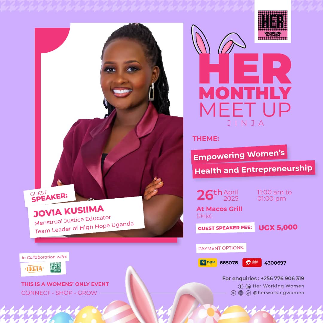 JoviaKusiima_'s tweet photo. I am delighted to be joining the women of Jinja tomorrow as a Guest Speaker at Her Monthly Meet-Up by @herworkingwomen under the theme: Empowering Women’s Health and Entrepreneurship.
Representing @highhopeug in partnership with @peshfoundation.
Let’s #Connect, #Learn & #Grow! https://t.co/NpdE6iTBTS