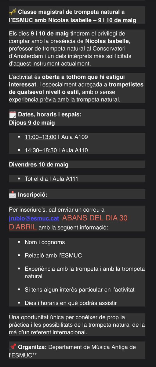 Masterclasses a l'<a href="/EsmucAntiga/">ESMUC Antiga</a> de l'<a href="/esmuccat/">ESMUC</a> 
 
NICOLAS ISABELLE,
  
professor de trompeta natural del Conservatori d'Amsterdam:  
 
divendres, 9 i dissabte, 10 de maig (inscripció fins el 30 d'abril)  
 
+ info (premeu a la foto):