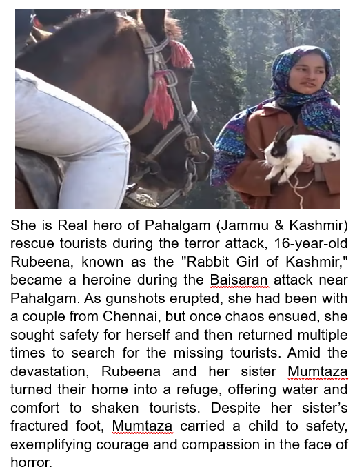 16-year-old Rubeena, the "Rabbit Girl of #Kashmir," became a true hero during the #Pahalgam attack. She risked her life to save tourists and offered refuge, embodying courage and compassion amid chaos. #KashmirHero
