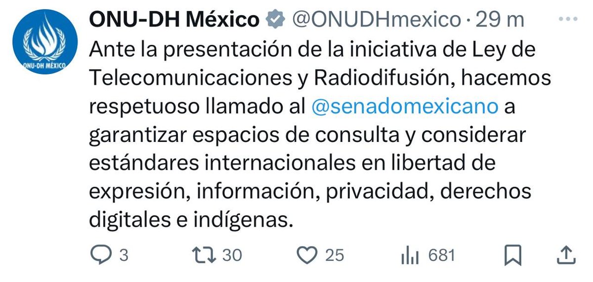 azucenau's tweet photo. 📰 Ante nueva iniciativa de Ley de Telecomunicaciones y Radiodifusión, la ONU-DH México (@ONUDHmexico) hace un llamado al @senadomexicano a garantizar espacios de consulta y respetar estándares internacionales en materia de libertad de expresión, privacidad, derechos digitales e indígenas.