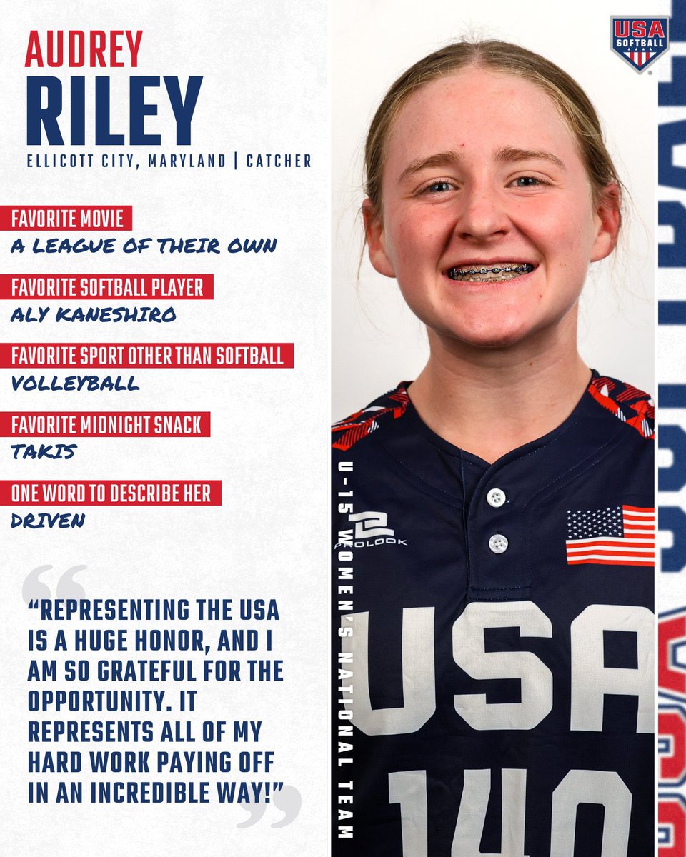 Audrey Riley 2028 (@audreyriley2028) on Twitter photo Thank you so much to <a href="/USASoftball/">USA Softball</a> for the opportunity to represent the JWNT this summer in Italy!! I am beyond honored and excited to rep the ❤️🤍💙. Can’t wait, go Eagles!! 🦅
<a href="/USASoftballJWNT/">USA Softball Junior Women’s National Team</a>
<a href="/usaspresident/">Dave Devine</a>
<a href="/ECBulletsEllis/">EC Bullets Gold Ellis 14U</a>
<a href="/ExtraInningSB/">EXTRA INNING SOFTBALL</a>
<a href="/LineDsoftball/">Line Drive Media</a> Thank you so much to <a href="/USASoftball/">USA Softball</a> for the opportunity to represent the JWNT this summer in Italy!! I am beyond honored and excited to rep the ❤️🤍💙. Can’t wait, go Eagles!! 🦅
<a href="/USASoftballJWNT/">USA Softball Junior Women’s National Team</a>
<a href="/usaspresident/">Dave Devine</a>
<a href="/ECBulletsEllis/">EC Bullets Gold Ellis 14U</a>
<a href="/ExtraInningSB/">EXTRA INNING SOFTBALL</a>
<a href="/LineDsoftball/">Line Drive Media</a>