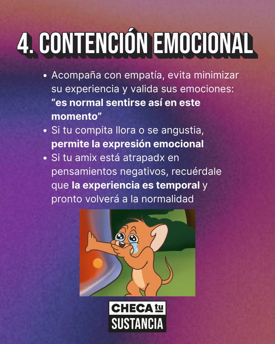 ¿Sabes cómo acompañar un viaje difícil? Recuerda, un mal viaje no es eterno y tu apoyo puede marcar la diferencia.
Guarda este post que puede ser útil en un momento crítico.
#MiTripEsCuidarme #NosCuidamosTodxs #ChecaTuSustancia