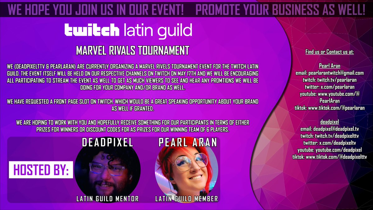 deadpixeltv's tweet photo. Attention all you Gaming related Companies out there! If you're looking to support some events this year, check this out! @pearlaran and I will be hosting this event for the Twitch Latin Guild and we are looking for Sponsors to help with prizes for our winners! 

DM's are open! https://t.co/OSXLOgo18E