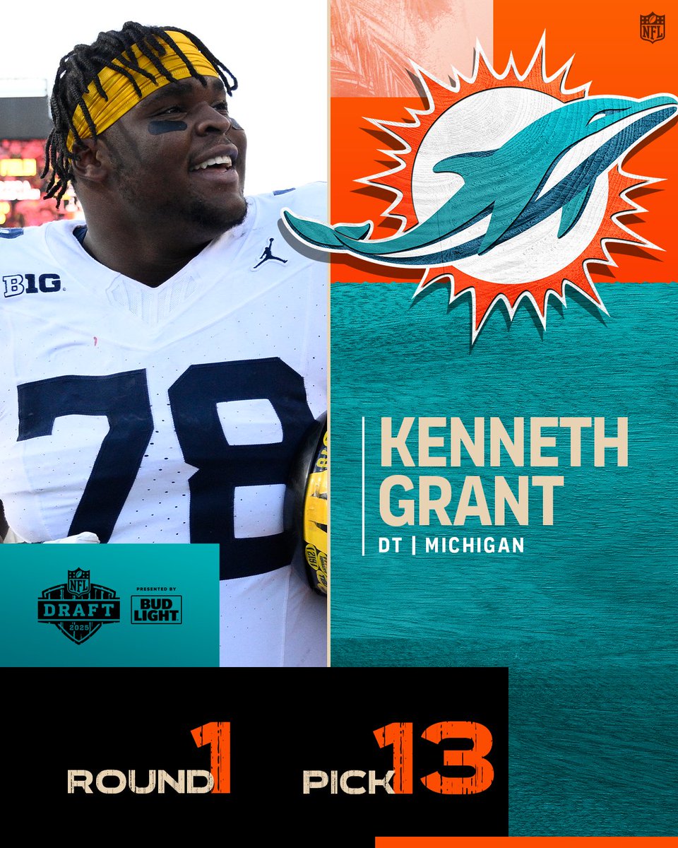 With the No. 13 overall pick in the 2025 <a href="/NFLDraft/">NFL Draft</a>, the @miamidolphins select Kenneth Grant. <a href="/NewEraCap/">New Era Cap</a>

📺: #NFLDraft on NFLN/ESPN/ABC
📱: Stream on <a href="/NFLPlus/">NFL+</a>