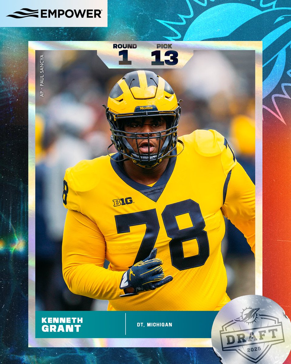Miami Dolphins (@miamidolphins) on Twitter photo Michigan to Miami 😤
With the 13th pick, we’ve selected <a href="/KennyGrant78/">Kenneth Grant (KG) 〽️</a> from <a href="/UMichFootball/">Michigan Football</a> 〽️ Michigan to Miami 😤
With the 13th pick, we’ve selected <a href="/KennyGrant78/">Kenneth Grant (KG) 〽️</a> from <a href="/UMichFootball/">Michigan Football</a> 〽️
