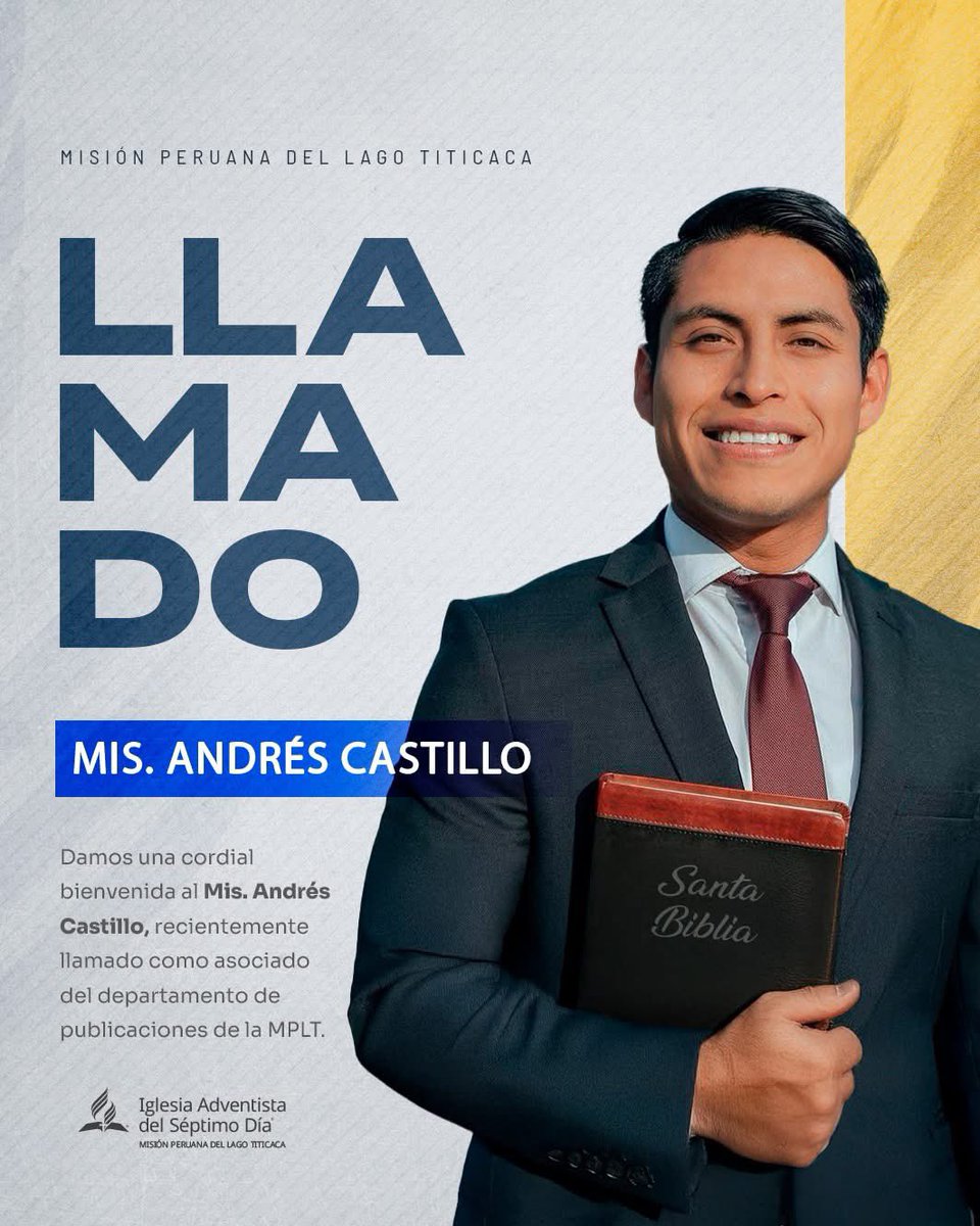 #Llamado
Con gran alegría, anunciamos el llamado al Ministerio como asociado del departamento de publicaciones al Misionero Andres Castillo, en nuestra amada Misión Peruana del Lago Titicaca. 🎉👏
Nos unimos en oración por su liderazgo y ministerio en nuestro campo misionero. 🙏🏼