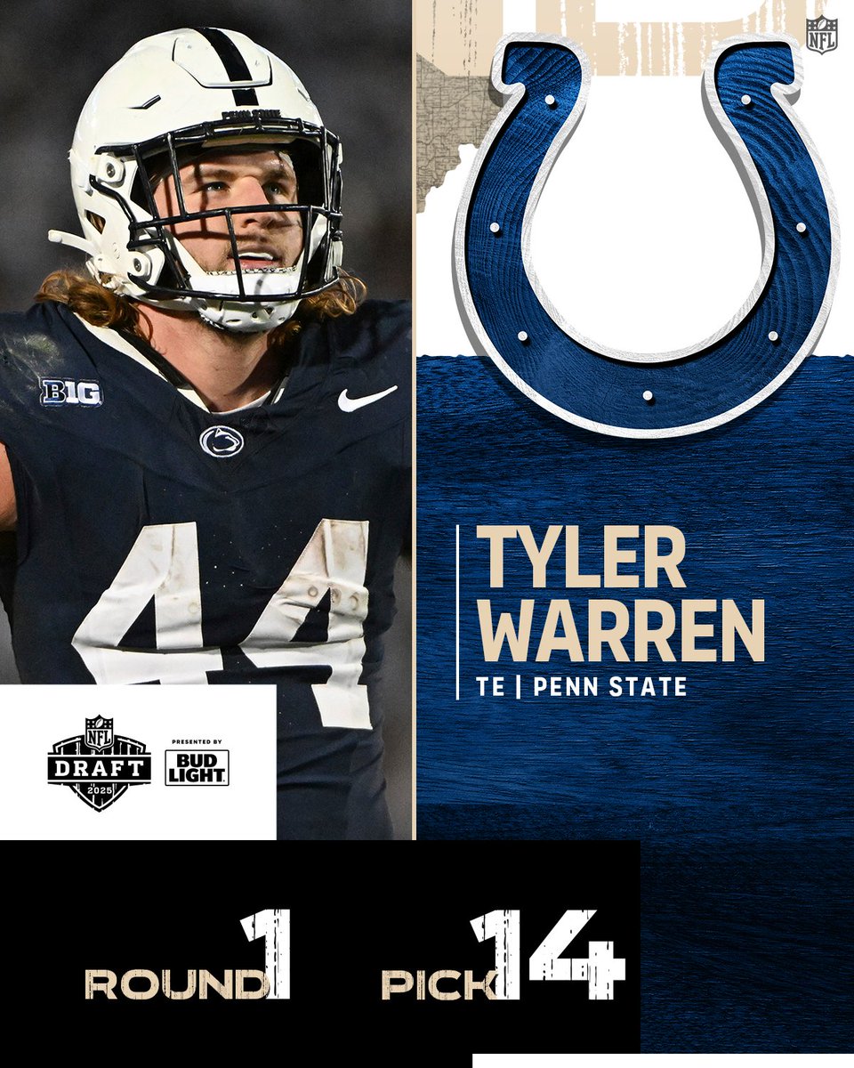 NFLDraft's tweet photo. Round 1, Pick 14: @Colts select @PennStateFball TE Tyler Warren! #NFLDraft

https://t.co/elRfhBAPew https://t.co/F5Y07yC0W0