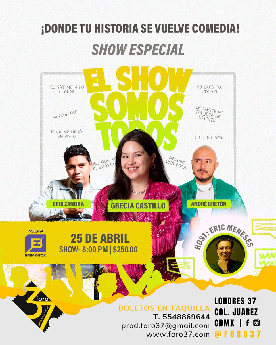 Amigos queridos, mañana es este show en el cual irá en mi lugar la gran @lagreciacastillo acompañada de <a href="/erikotravez/">Erik Zamora</a> <a href="/elhijodelpayaso/">Eric Meneses Rojas</a> @soyandrebreton .
Con este show me ayudan con este imprevisto de salud que vengo pasando, así que agradeceré que vayan a pasarla increíble al