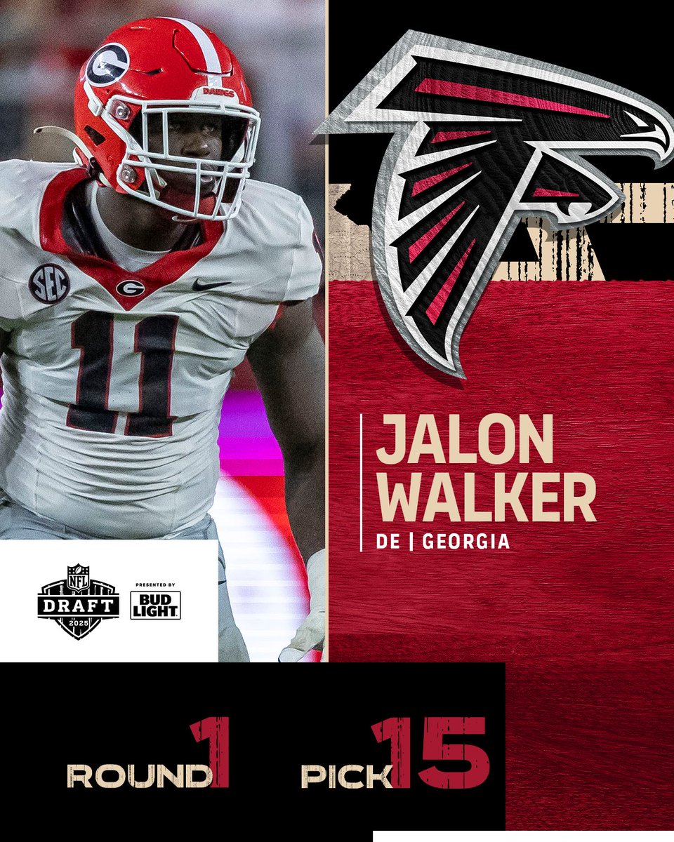 NFL (@nfl) on Twitter photo With the No. 15 overall pick in the 2025 <a href="/NFLDraft/">NFL Draft</a>, the <a href="/AtlantaFalcons/">Atlanta Falcons</a> select Jalon Walker. <a href="/NewEraCap/">New Era Cap</a>
📺: #NFLDraft on NFLN/ESPN/ABC
📱: Stream on <a href="/NFLPlus/">NFL+</a> With the No. 15 overall pick in the 2025 <a href="/NFLDraft/">NFL Draft</a>, the <a href="/AtlantaFalcons/">Atlanta Falcons</a> select Jalon Walker. <a href="/NewEraCap/">New Era Cap</a>
📺: #NFLDraft on NFLN/ESPN/ABC
📱: Stream on <a href="/NFLPlus/">NFL+</a>