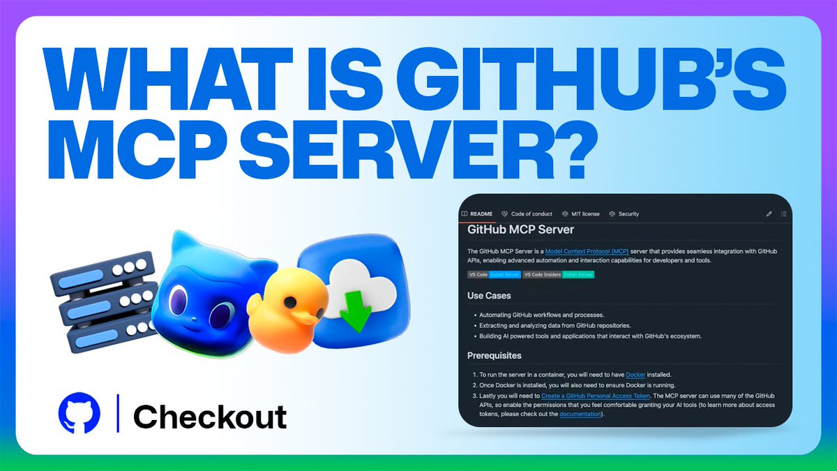 GitHub (@github) on Twitter photo Introducing the GitHub MCP Server: The open source project transforming how AI tools interact with your code. 🤖
In this GitHub Checkout episode, @alacolombiadev and <a href="/toby/">Toby Padilla</a> demonstrate how this community-driven protocol opens new possibilities for AI-powered development. ⬇️ Introducing the GitHub MCP Server: The open source project transforming how AI tools interact with your code. 🤖
In this GitHub Checkout episode, @alacolombiadev and <a href="/toby/">Toby Padilla</a> demonstrate how this community-driven protocol opens new possibilities for AI-powered development. ⬇️