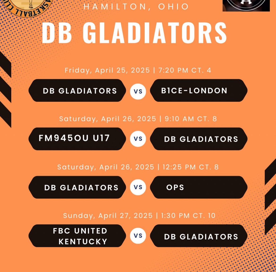 Schedule for this weekend at Spooky Nook in Hamilton Ohio- DB Gladiators UA Rise
