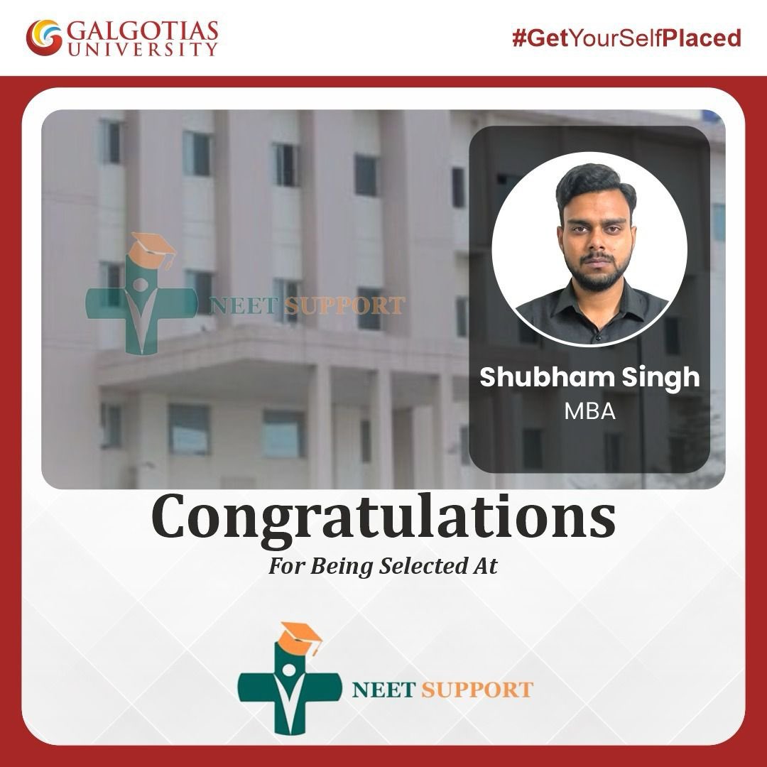 GalgotiasGU's tweet photo. We are delighted to share that Shubham Singh, an MBA student at Galgotias University, has been selected by NEET Support.
Wishing him great success as he steps into the professional world and continues to shine!

#GetYourselfPlaced #GalgotiasUniversity #MBAPlacements #NEETSupport #CareerBeginnings #PlacementSuccess #GalgotiasPlacements