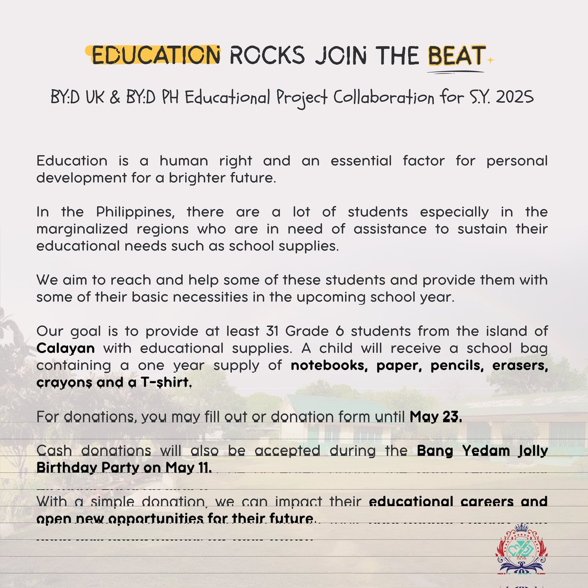 _kylesmom's tweet photo. ✨️EDUCATION ROCKS, JOIN THE BEAT✨️
BYD UK &amp; BYD PH PROJECT FOR S.Y 2025

"With a simple donation, we can impact children's lives and help open doors for a better future."

Donation Form open until May 23.

🔗https://t.co/KsLfu4FRgt…

#BANGYEDAM 
#BYD_UK #BYDPH 
#BYD_GIVES https://t.co/TMNHVLmEKE