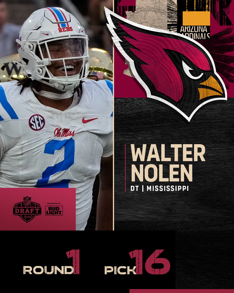 NFL Draft (@nfldraft) on Twitter photo Round 1, Pick 16: <a href="/AZCardinals/">Arizona Cardinals</a> select <a href="/OleMissFB/">Ole Miss Football</a> DT Walter Nolen! #NFLDraft
nfl.com/draft/tracker/โฆ Round 1, Pick 16: <a href="/AZCardinals/">Arizona Cardinals</a> select <a href="/OleMissFB/">Ole Miss Football</a> DT Walter Nolen! #NFLDraft
nfl.com/draft/tracker/โฆ
