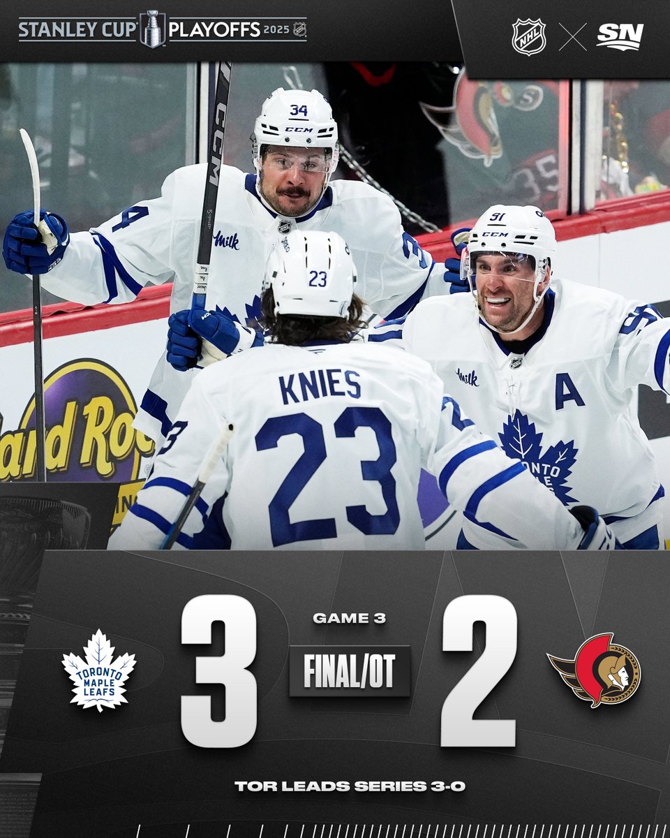 Sportsnet's tweet image. MAKE THAT 3-0! 👀

The Maple Leafs are on the verge of sweeping the Ottawa Senators. 🧹