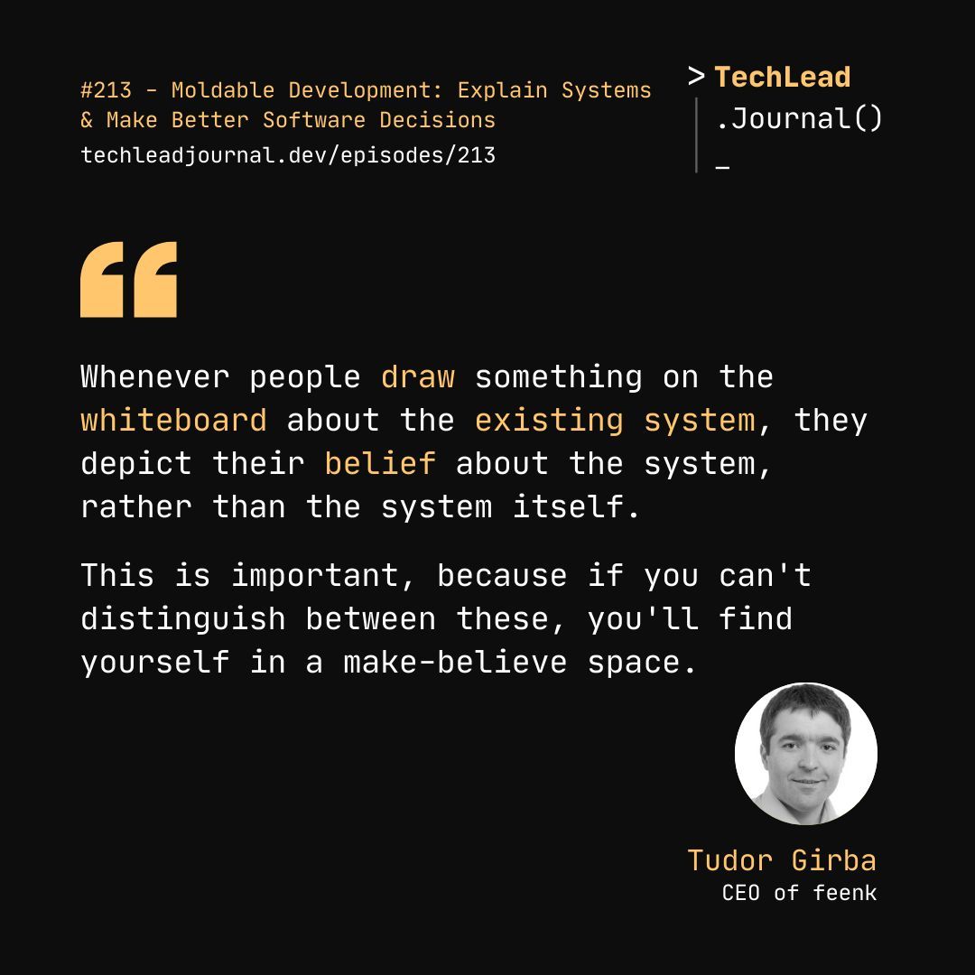 Tech Lead Journal (@techleadjournal) on Twitter photo Your belief about the system isn’t the same as the system itself.
Hear more from <a href="/girba/">Tudor Girba</a> in episode 213.
#softwareengineer #decisionmaking Your belief about the system isn’t the same as the system itself.
Hear more from <a href="/girba/">Tudor Girba</a> in episode 213.
#softwareengineer #decisionmaking