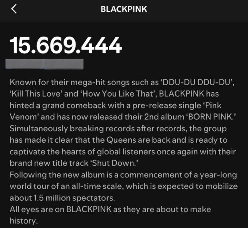 portalblackpink's tweet photo. ELAS ESTÃO CHEGANDO! A biografia do #BLACKPINK, no Spotify, é alterada e novo álbum é confirmado:

“Após o novo álbum, inicia-se uma turnê mundial de um ano, de escala histórica, que deve mobilizar cerca de 1,5 milhão de espectadores.

Todos os olhos estão voltados para o BLACKPINK, pois elas estão prestes a fazer história.”