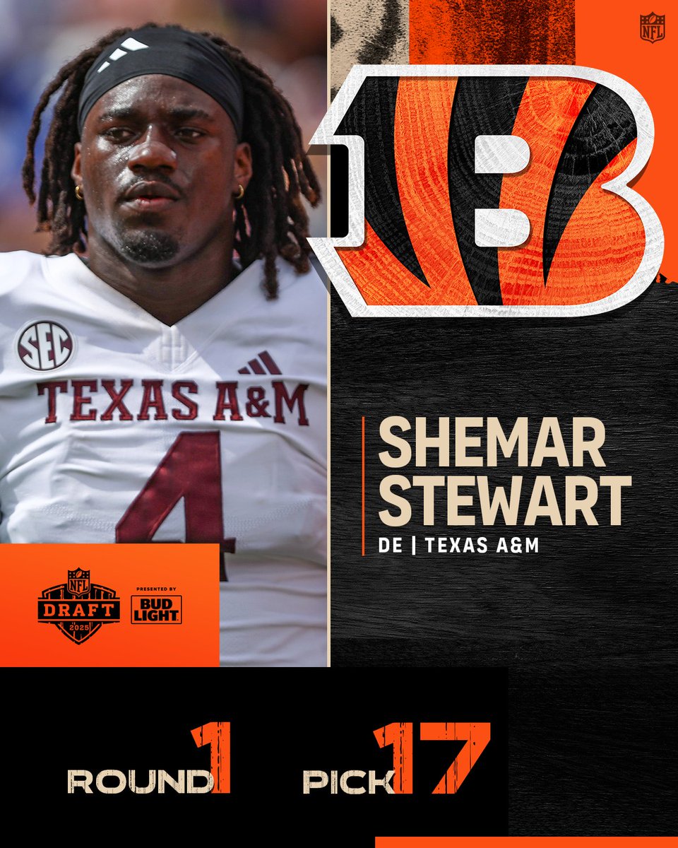 NFL (@nfl) on Twitter photo With the No. 17 overall pick in the 2025 <a href="/NFLDraft/">NFL Draft</a>, the <a href="/Bengals/">Cincinnati Bengals</a> select Shemar Stewart. <a href="/NewEraCap/">New Era Cap</a>
📺: #NFLDraft on NFLN/ESPN/ABC
📱: Stream on <a href="/NFLPlus/">NFL+</a> With the No. 17 overall pick in the 2025 <a href="/NFLDraft/">NFL Draft</a>, the <a href="/Bengals/">Cincinnati Bengals</a> select Shemar Stewart. <a href="/NewEraCap/">New Era Cap</a>
📺: #NFLDraft on NFLN/ESPN/ABC
📱: Stream on <a href="/NFLPlus/">NFL+</a>