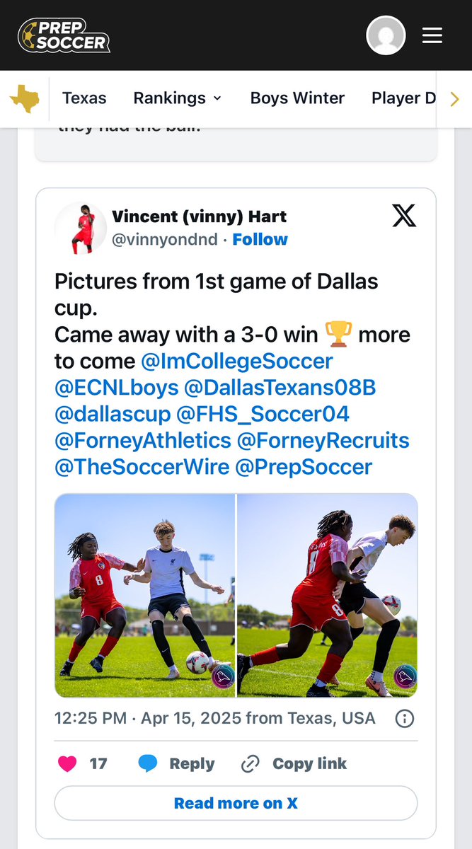 That’s our boy!!
<a href="/vinnyondnd/">Vincent (vinny) Hart</a> 
<a href="/DallasTexans08B/">Dallas Texans 08B Academy ECNL</a> 
<a href="/DTexansSC/">Dallas Texans Soccer Club</a> 
<a href="/TheDallasTexans/">Dallas Texans</a> 
<a href="/dallascup/">Dallas Cup ⚽️</a> 
<a href="/grtorres/">Guilherme Torres</a> 
<a href="/PrepSoccer/">Prep Soccer ⚽️</a>