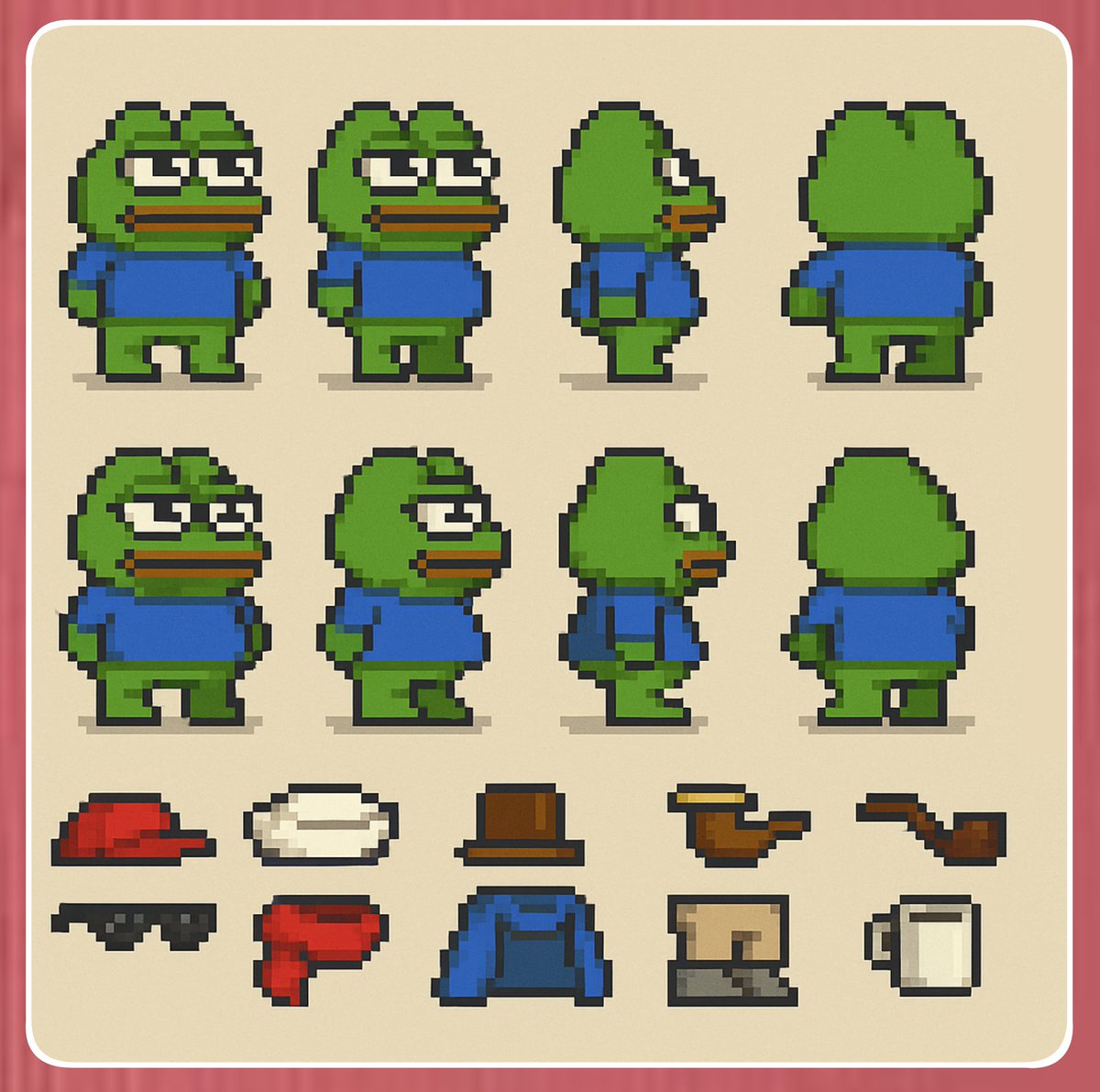I made sprite sheets for a bunch of iconic crypto characters (plus bread).

Pepe, Pudgy, Punks, Azuki...

Prompt at the bottom.