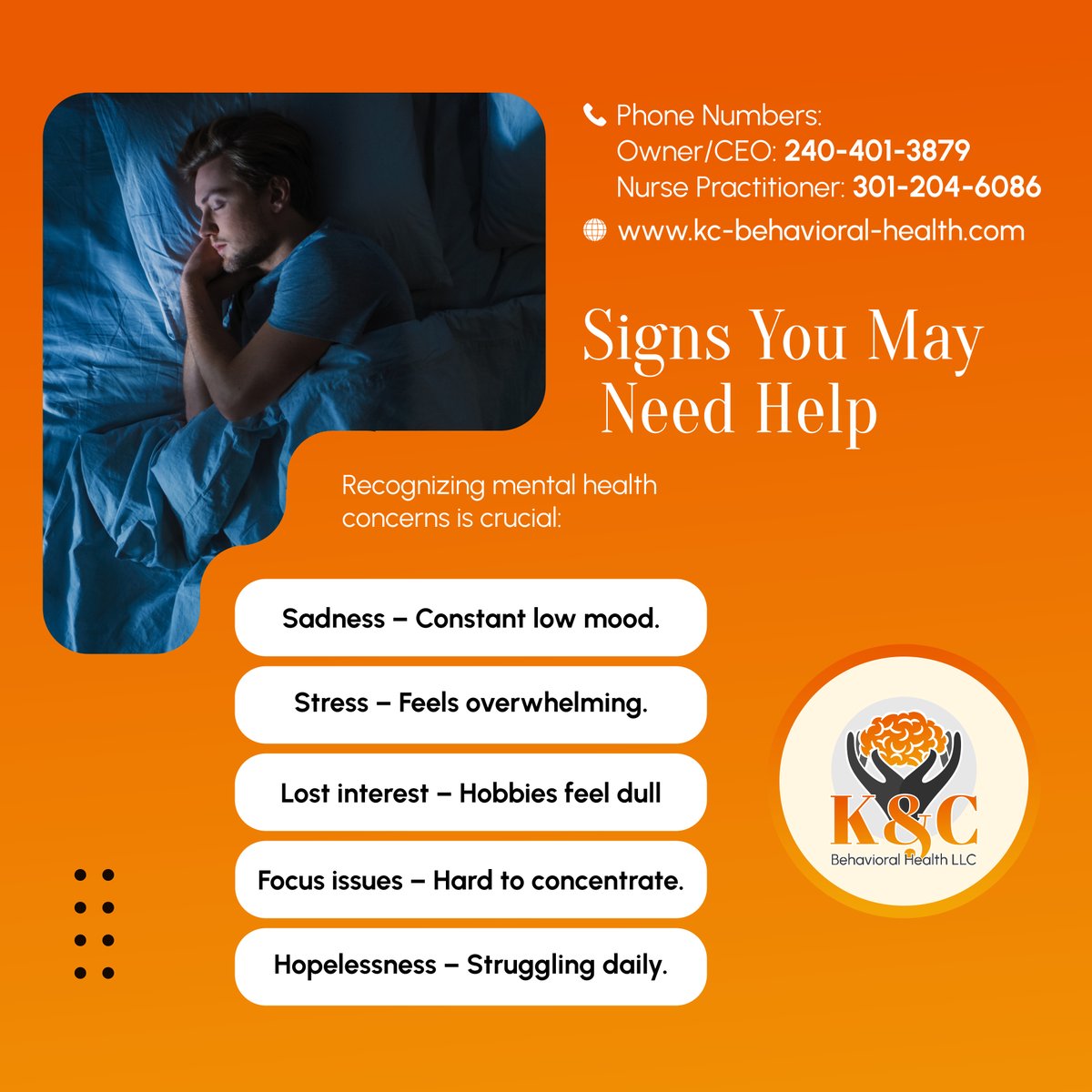 KandCBehavioral's tweet photo. Are you struggling with your mental health? Recognizing the signs is the first step—support is within reach. You’re not alone. 

#BehavioralHealthCare #LaurelMD #MentalHealthAwareness https://t.co/hTh7wzjIub