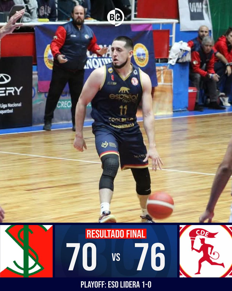 ESPAÑOL SE LLEVA EL PRIMERO❗
Coolbet Español de Osorno se quedó con el primer juego de los cuartos de final frente a Sportiva.
Sebastián Suárez brilló con 28 puntos y 7 rebotes y McLaughlin se llevó un récord de temporada al registrar 6 bloqueos en el encuentro. 
📸 <a href="/robsanvar/">Roberto Sánchez</a>