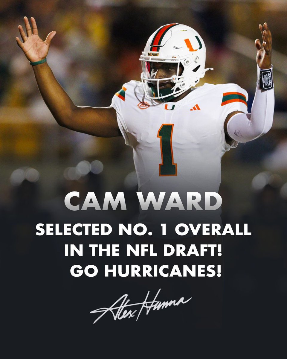 AlexHannaLawyer's tweet photo. Congratulations to Cam Ward and his family on this incredible achievement! 🎉
You’re making waves as a Hurricane selected No. 1 overall in the NFL draft! 🌪️🏈
Go Hurricanes!
#FamilyPride #Hurricanes #NFLDraft2025 #NumberOnePick #HurricanePride #RisingStar #NextLevel https://t.co/ME8dxFe3tR