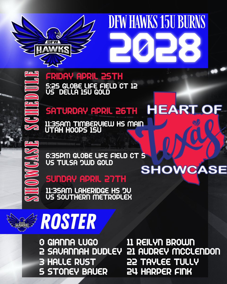 Dfwhawksbasketball (@dfwhawks) on Twitter photo ‼️Heart of Texas Schedule‼️
College Coaches we have several next level kids, come check us out this weekend!! <a href="/ECUTigersWBB/">ECU Tigers WBB</a> <a href="/OBU_WBBall/">OBU Women’s Basketball</a> <a href="/SAU_WBB/">Southern Arkansas University WBB</a> <a href="/FlyingQueensWBB/">WBU WBB🛩👑</a> <a href="/RiverHawksWBK/">Northeastern State Women’s Basketball</a> <a href="/MSUTexasWBB/">MSU Texas Women’s Basketball</a> <a href="/itsJusOne/">Derelle King</a> ‼️Heart of Texas Schedule‼️
College Coaches we have several next level kids, come check us out this weekend!! <a href="/ECUTigersWBB/">ECU Tigers WBB</a> <a href="/OBU_WBBall/">OBU Women’s Basketball</a> <a href="/SAU_WBB/">Southern Arkansas University WBB</a> <a href="/FlyingQueensWBB/">WBU WBB🛩👑</a> <a href="/RiverHawksWBK/">Northeastern State Women’s Basketball</a> <a href="/MSUTexasWBB/">MSU Texas Women’s Basketball</a> <a href="/itsJusOne/">Derelle King</a>