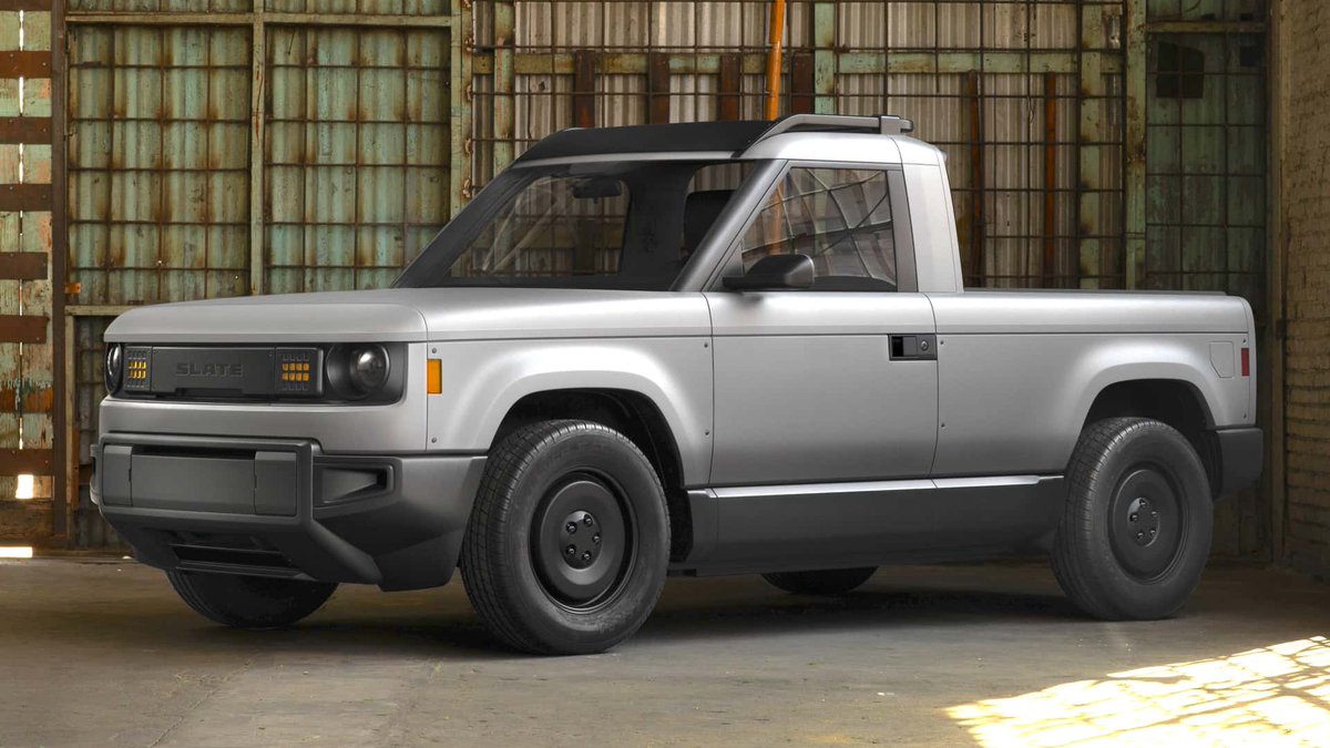 InsideEVs's tweet photo. Slate’s affordable electric pickup has landed. Here's everything you need to know.

• $20,000 base model after federal incentives, 150-mile range
• 100+ DIY accessories, including a five-seat SUV conversion and a fastback bed cap
• Standard crank windows and no radio

What do you think?