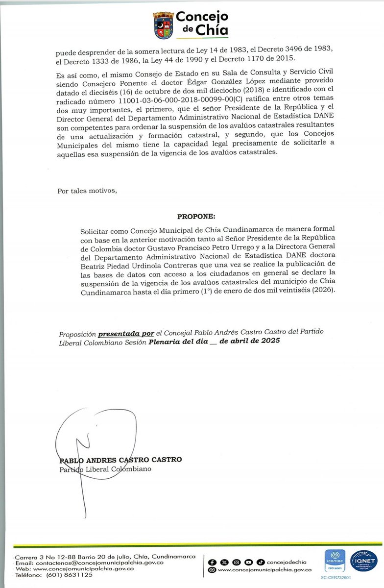 Informa <a href="/RadioChia51402/">Chía Radio 24</a>:
facebook.com/share/r/15r2DE…

" Con el voto favorable de 7 concejales del <a href="/concejochia/">@concejochia</a> se aprobó la proposición presentada por el Concejal Pablo Andrés Castro Castro <a href="/juridicopac/">Pablo Andrés Castro</a> ( Ver pantallazos 1, 2, 3 y 4) en el sentido de Solicitar como Concejo Municipal