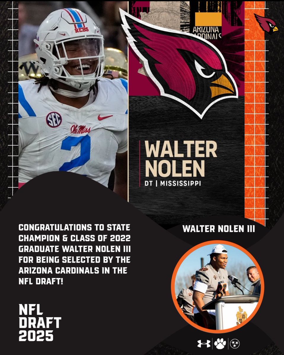 Powell (Tenn.) High Football (@powellhighfb) on Twitter photo From Powell, Tennessee! Walter Nolen III joins Jim Courtney, John Bruhin, Daryle Smith, and <a href="/LeeSmith/">Lee Smith</a> as the fifth Powell Panther taken in the NFL Draft.
Round #1 Pick #16 to the <a href="/AZCardinals/">Arizona Cardinals</a>
Congratulations, <a href="/WalterNolen4/">Walter Nolen9️⃣🏈🏈</a>! #WelcomeToTheJungle From Powell, Tennessee! Walter Nolen III joins Jim Courtney, John Bruhin, Daryle Smith, and <a href="/LeeSmith/">Lee Smith</a> as the fifth Powell Panther taken in the NFL Draft.
Round #1 Pick #16 to the <a href="/AZCardinals/">Arizona Cardinals</a>
Congratulations, <a href="/WalterNolen4/">Walter Nolen9️⃣🏈🏈</a>! #WelcomeToTheJungle
