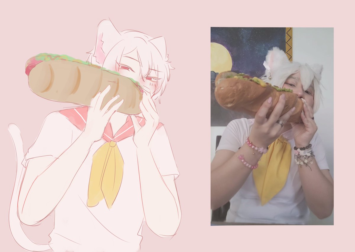 Cosplaying Mafumafu is so fun www 

Why is he eating a whole chilean completo? 
(That's me btw)