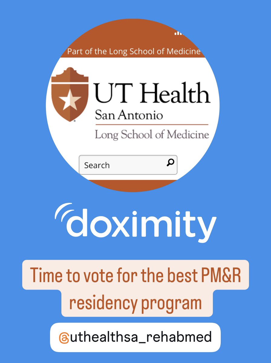 Monica Verduzco-Gutierrez, MD (@mvgutierrezmd) on Twitter photo It’s that time of year to vote for the best PM&R residency programs like <a href="/UTHSA_RehabMed/">UT Health San Antonio Rehabilitation Medicine Dept</a>
🗳️: doximity.com/surveys/best_r… It’s that time of year to vote for the best PM&R residency programs like <a href="/UTHSA_RehabMed/">UT Health San Antonio Rehabilitation Medicine Dept</a>
🗳️: doximity.com/surveys/best_r…
