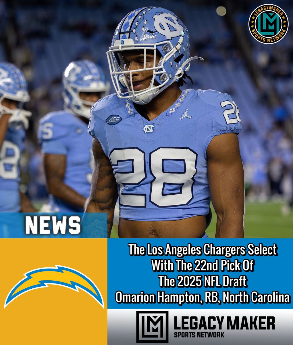 The Los Angeles #Chargers Select
With The 22nd Pick Of
The 2025 NFL Draft 
Omarion Hampton, RB, North Carolina 

#nfl #nfldraft2025 #explore #lmsnetwork