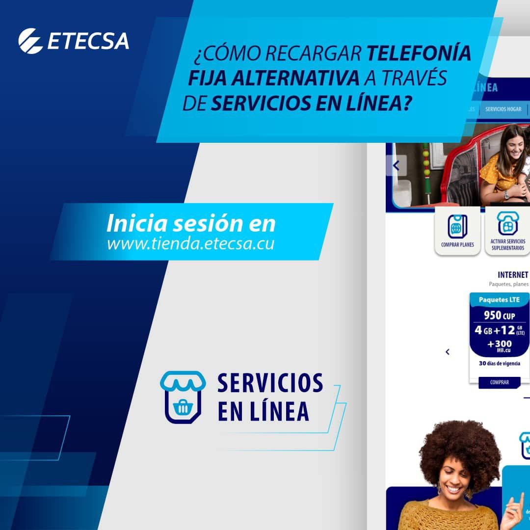 Recarga tu teléfono fijo alternativo (TFA) fácilmente  
Ahora puedes hacerlo también a través de #ServiciosEnLínea usando las pasarelas Transfermóvil o Enzona.  
#EtecsaTeAcompaña