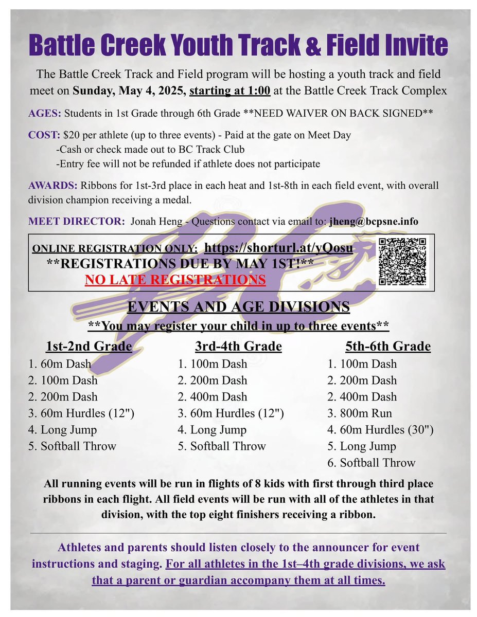 BattleCreek_TF's tweet photo. 🚨Reminder🚨

Entries for the Battle Creek Youth Track &amp; Field Meet are due May 1st – don’t miss out!

This event is open to all elementary students in 1st-6th grade — not just Battle Creek students! We welcome young athletes from any school to join us on Sunday, May 4th! https://t.co/VC9i2SgIN3