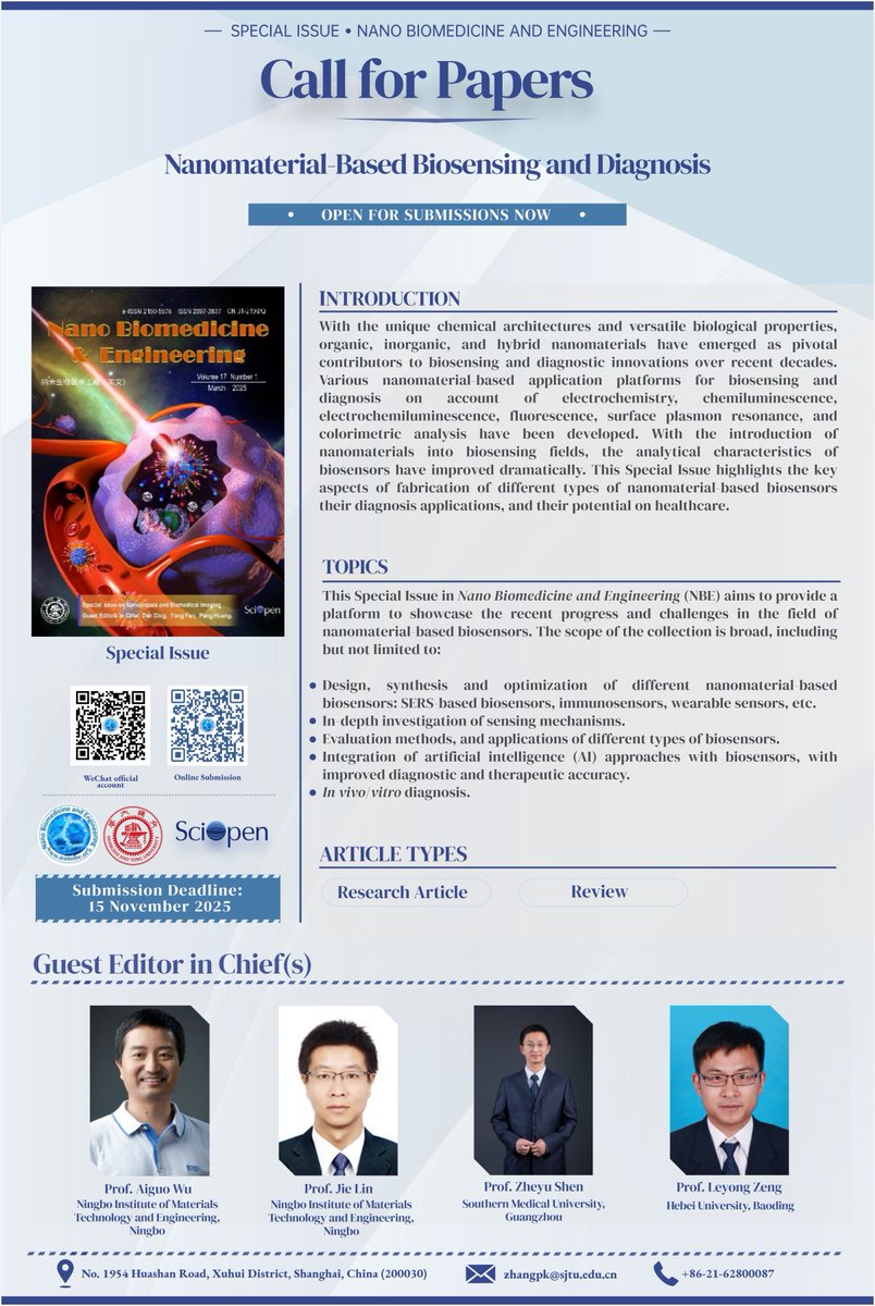 Submit to our Special Issue in NBE ! Highlighting cutting-edge nanomaterial-based biosensors—AI-powered diagnostics, wearable sensors, and next-gen in vivo/vitro tools. Share your work on the latest biosensing shaping healthcare.👇
<a href="/BiomedNano/">Nano Biomed. Eng.</a> <a href="/SciOpenTUP/">SciOpenTUP</a> 
sciopen.com/journal/messag…