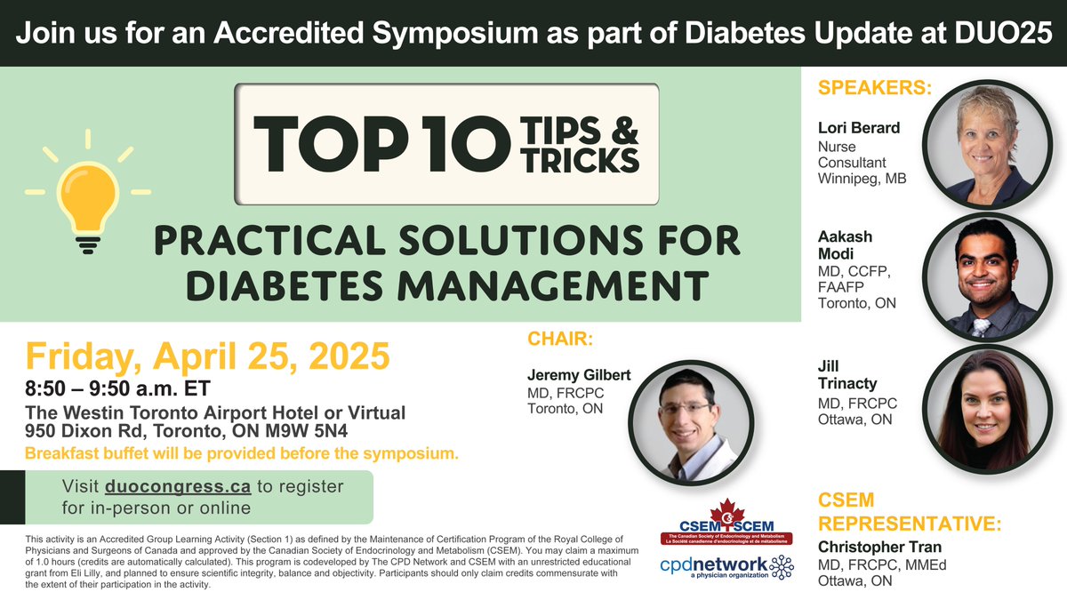Join us at #DiabetesUpdate for an accredited symposium on Practical Solutions for Diabetes Management! Discover how to align care with patient goals, enhance engagement and self-management, and individualize therapy using the latest tools. Register Now: duocongress.ca