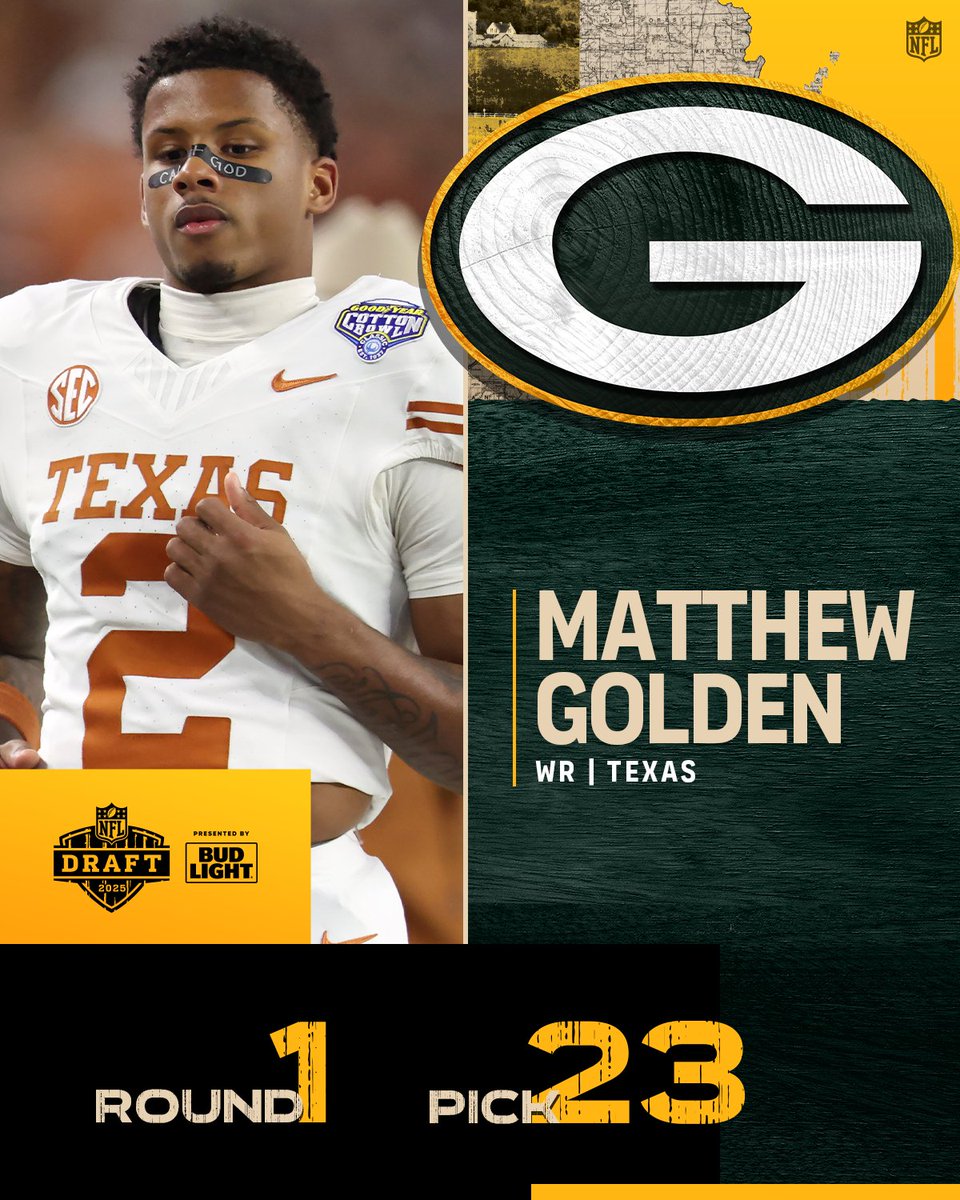 NFL (@nfl) on Twitter photo With the No. 23 overall pick in the 2025 <a href="/NFLDraft/">NFL Draft</a>, the <a href="/packers/">Green Bay Packers</a> select Matthew Golden. <a href="/NewEraCap/">New Era Cap</a>
📺: #NFLDraft on NFLN/ESPN/ABC
📱: Stream on <a href="/NFLPlus/">NFL+</a> With the No. 23 overall pick in the 2025 <a href="/NFLDraft/">NFL Draft</a>, the <a href="/packers/">Green Bay Packers</a> select Matthew Golden. <a href="/NewEraCap/">New Era Cap</a>
📺: #NFLDraft on NFLN/ESPN/ABC
📱: Stream on <a href="/NFLPlus/">NFL+</a>