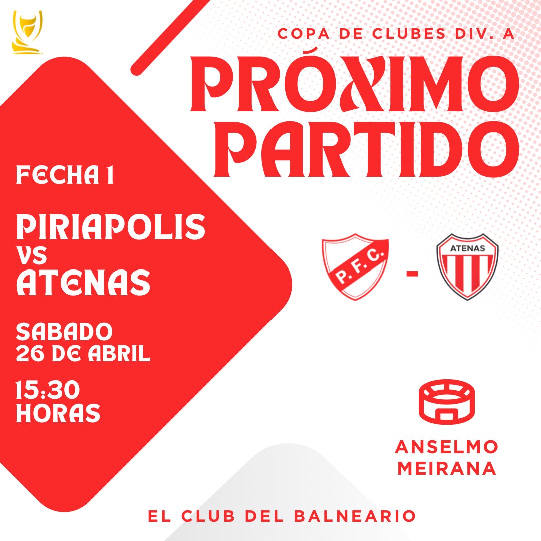⚪️🔴⚪️ EL SABADO JUGAMOS EN CASA ⚪️🔴⚪️ 

Este sabado debutamos de local por la copa de clubes de OFI. 

🆚Atenas (tala) 
📆26 de abril 
🕕15:30 hs
🏟️Estadio Anselmo Meirana 

Los esperamos a todos familia franjeada!! Acompañemos al club del balneario!! 
#sigamoscreciendo #PFC