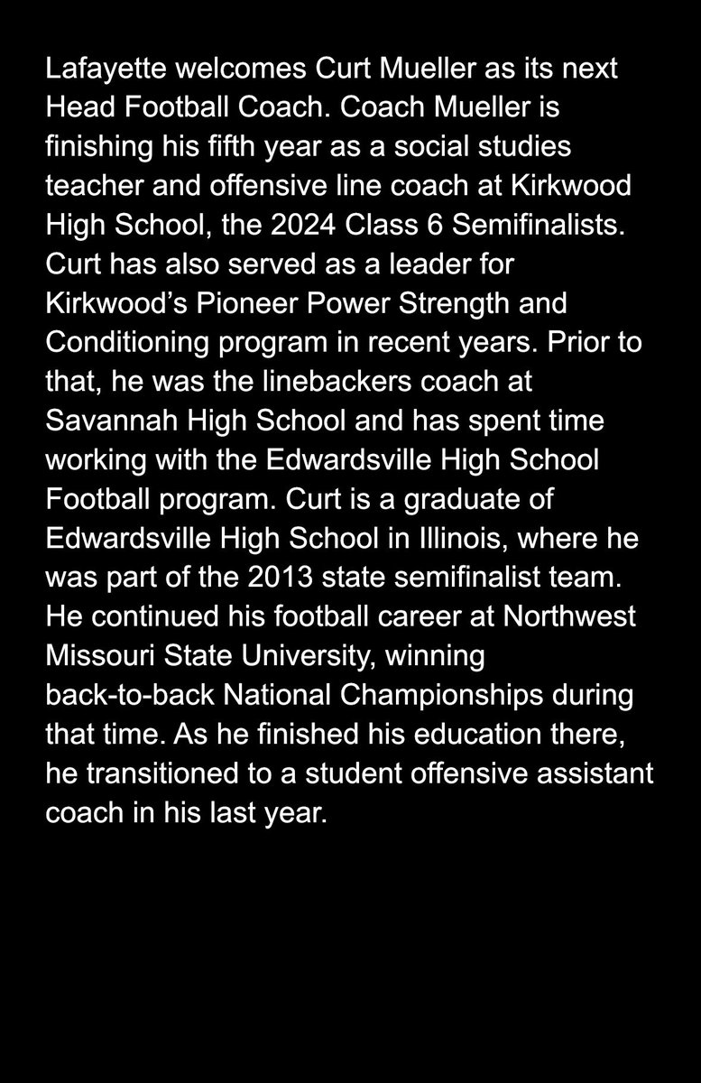 Lafayette Lancers (@lafayettelancer) on Twitter photo Lafayette welcomes Coach Curt Mueller as its new head football coach! <a href="/STLhssports/">STLhighschoolsports</a> <a href="/GSV_STL/">Gateway Sports Venue</a> <a href="/lhsprincipal/">LHS</a> <a href="/thelancerfeed/">The Lancer Feed</a> <a href="/WestNewsmag/">West Newsmagazine</a> <a href="/rockwoodschools/">Rockwood School Dist</a> <a href="/MissouriScoop/">Missouri Scoop</a> #ConnectedLancer Lafayette welcomes Coach Curt Mueller as its new head football coach! <a href="/STLhssports/">STLhighschoolsports</a> <a href="/GSV_STL/">Gateway Sports Venue</a> <a href="/lhsprincipal/">LHS</a> <a href="/thelancerfeed/">The Lancer Feed</a> <a href="/WestNewsmag/">West Newsmagazine</a> <a href="/rockwoodschools/">Rockwood School Dist</a> <a href="/MissouriScoop/">Missouri Scoop</a> #ConnectedLancer