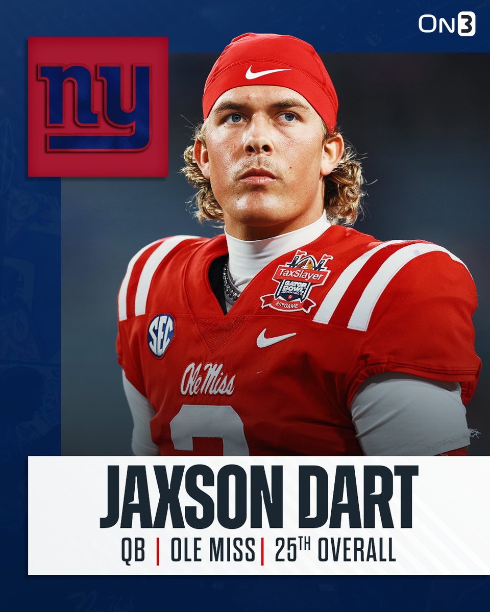 BREAKING: The New York Giants have selected Ole Miss QB Jaxson Dart with the 25th pick of the 2025 NFL Draft🦈

on3.com/nfl/draft/2025/