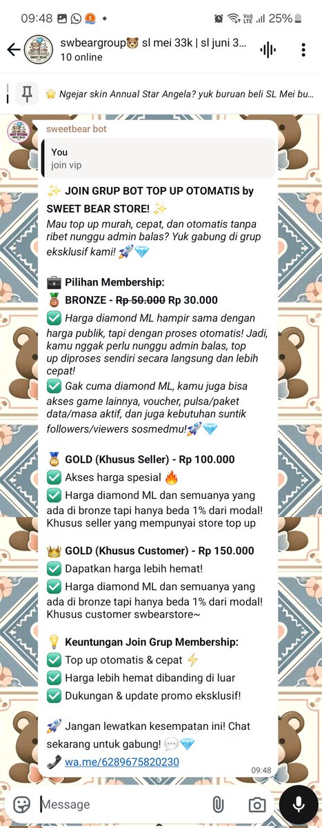 top up ml males nungguin admin bales? siniii jadi member VIP sweetbear yuk! cukup bayar 30k, top up langsung diproses otomatis sama bot! ga cuma ml, bisa juga top up game lain, pulsa, sampe suntik followers ig/tiktok/tele/x juga bisaa~

kuy join vip!~ 📲 wa.me/6289675820230