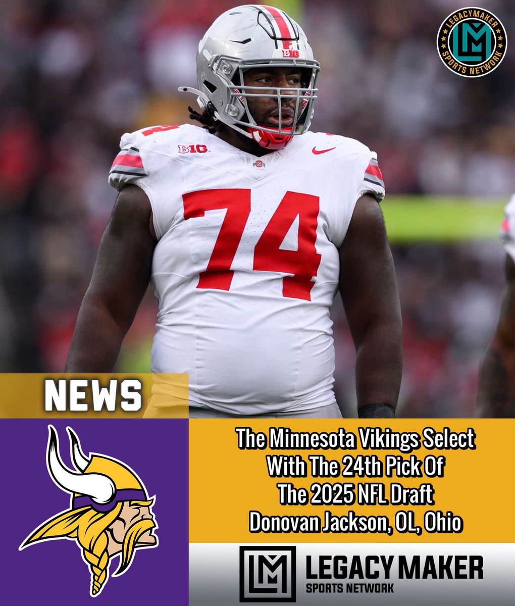 The Minnesota #Vikings Select
With The 24th Pick Of
The 2025 NFL Draft 
Donovan Jackson, OL, Ohio

#nfl #nfldraft #lmsnetwork #explore