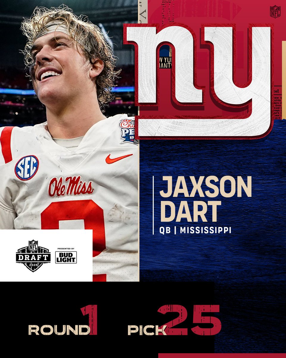 NFL (@nfl) on Twitter photo With the No. 25 overall pick in the 2025 <a href="/NFLDraft/">NFL Draft</a>, the <a href="/Giants/">New York Giants</a> select Jaxson Dart. <a href="/NewEraCap/">New Era Cap</a>
📺: #NFLDraft on NFLN/ESPN/ABC
📱: Stream on <a href="/NFLPlus/">NFL+</a> With the No. 25 overall pick in the 2025 <a href="/NFLDraft/">NFL Draft</a>, the <a href="/Giants/">New York Giants</a> select Jaxson Dart. <a href="/NewEraCap/">New Era Cap</a>
📺: #NFLDraft on NFLN/ESPN/ABC
📱: Stream on <a href="/NFLPlus/">NFL+</a>