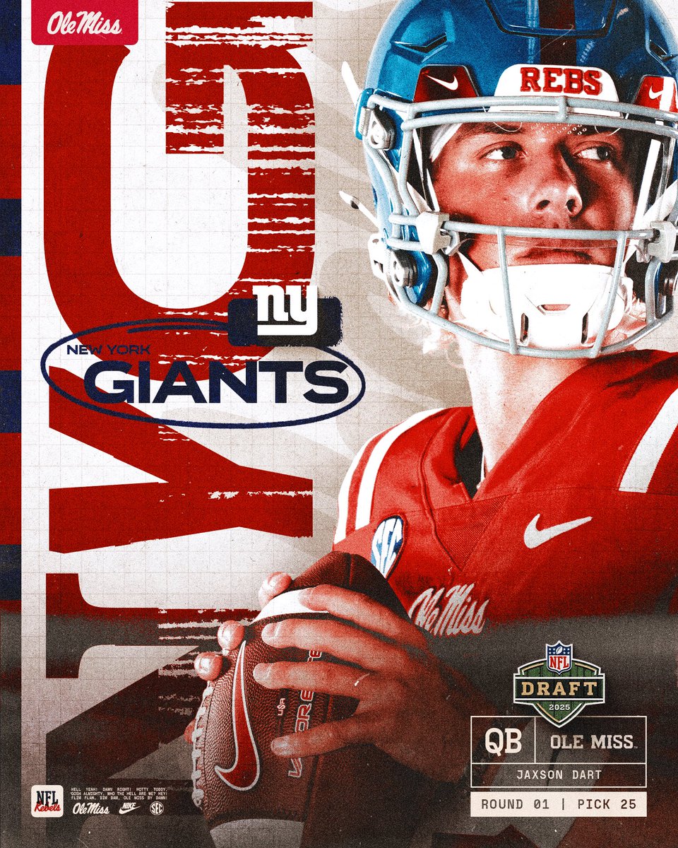 Ole Miss Football (@olemissfb) on Twitter photo The Ultimate Competitor 🎯
Jaxson Dart is heading to the <a href="/Giants/">New York Giants</a>‼️
Round 01 | Pick 25
#HottyToddy x #NYGiants The Ultimate Competitor 🎯
Jaxson Dart is heading to the <a href="/Giants/">New York Giants</a>‼️
Round 01 | Pick 25
#HottyToddy x #NYGiants