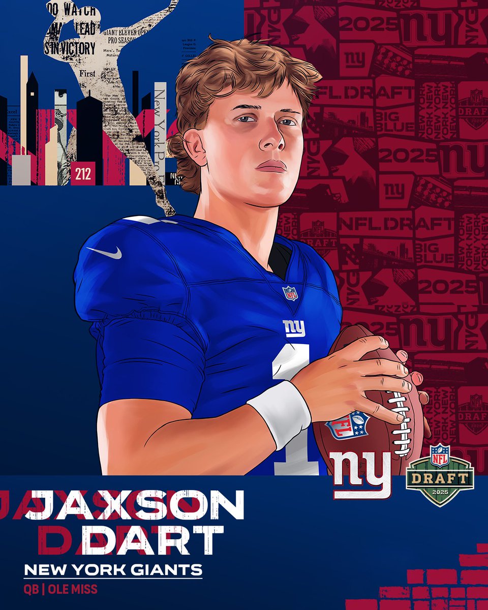 NFL Draft (@nfldraft) on Twitter photo Round 1, Pick 25: <a href="/Giants/">New York Giants</a> select <a href="/OleMissFB/">Ole Miss Football</a> QB Jaxson Dart! #NFLDraft
nfl.com/draft/tracker/… Round 1, Pick 25: <a href="/Giants/">New York Giants</a> select <a href="/OleMissFB/">Ole Miss Football</a> QB Jaxson Dart! #NFLDraft
nfl.com/draft/tracker/…