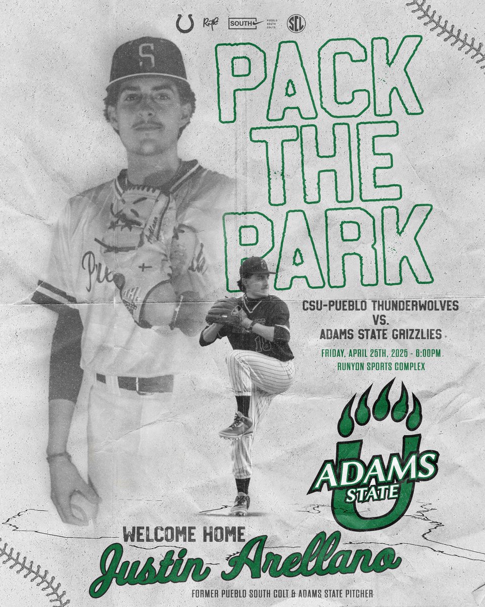 Pueblo South Baseball (@pueblosouthbsb) on Twitter photo ππππ πππ ππππ.
Join us tomorrow night at Runyon for <a href="/CSUPBaseball/">CSU Pueblo Baseball</a>βs Pack the Park against the Adams State Grizzlies, as we welcome home 2023 graduate and Adams State pitcher Justin Arellano (<a href="/jbarellano06/">Justin Arellano</a>)
Youth camp starts at 3:00pm, with the Pack Parade at 5:30pm ππππ πππ ππππ.
Join us tomorrow night at Runyon for <a href="/CSUPBaseball/">CSU Pueblo Baseball</a>βs Pack the Park against the Adams State Grizzlies, as we welcome home 2023 graduate and Adams State pitcher Justin Arellano (<a href="/jbarellano06/">Justin Arellano</a>)
Youth camp starts at 3:00pm, with the Pack Parade at 5:30pm