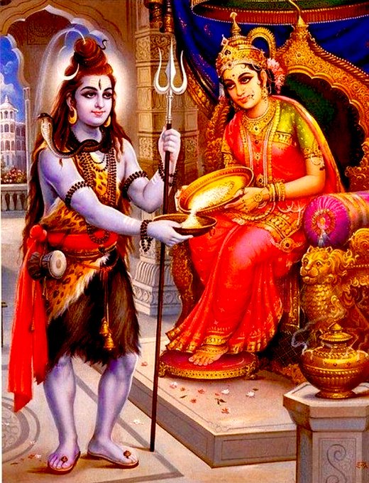 The image depicts a traditional Hindu scene featuring Lord Shiva and Goddess Annapoorna. Lord Shiva, identifiable by his blue skin, trident, and traditional attire, is shown holding a bowl and receiving food from Goddess Annapoorna, who is seated on a throne. Annapoorna, dressed in a red sari with gold jewelry, symbolizes the provider of nourishment and wisdom. The setting is ornate, with rich colors and detailed decorations, suggesting a divine or royal environment. This image is referenced in a post by Sumita Shrivastava, which discusses the significance of Annapoorna as the Devi who fed Shiva, highlighting her role in providing wisdom and compassion within Sanatana Dharma.